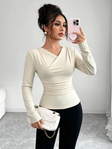 Elenzga Women's Fashion New Ruched Waist Cowl Neck Date Commute Inner Layer Minimalist Sexy Elegant T-Shirt - Apricot - View 8
