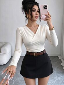 Elenzga Women's Fashion New Ruched Waist Cowl Neck Date Commute Inner Layer Minimalist Sexy Elegant T-Shirt - Apricot - View 5