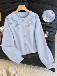 Linavere 女款 3D 花卉裝飾休閒浪漫優雅百搭日常穿著開襟衫 早午餐 藍色 粉色 秋季 - 淺藍色 - 查看 1