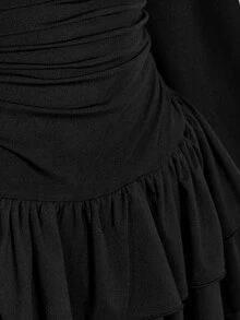 SHEIN ICON Plus Size Vintage Y2K Sexy V-Neck Ruched Waist A-Line Tiered Cake Skirt Fall - Black - View 9