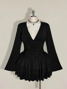 SHEIN ICON Plus Size Vintage Y2K Sexy V-Neck Ruched Waist A-Line Tiered Cake Skirt Fall - Black - View 3
