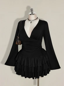 SHEIN ICON Plus Size Vintage Y2K Sexy V-Neck Ruched Waist A-Line Tiered Cake Skirt Fall - Black - View 4