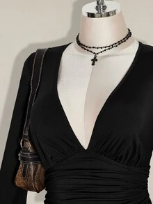 SHEIN ICON Plus Size Vintage Y2K Sexy V-Neck Ruched Waist A-Line Tiered Cake Skirt Fall - Black - View 5