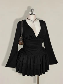 SHEIN ICON Plus Size Vintage Y2K Sexy V-Neck Ruched Waist A-Line Tiered Cake Skirt Fall - Black - View 6