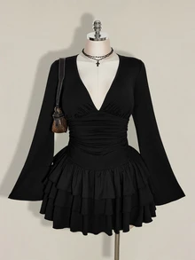 SHEIN ICON Plus Size Vintage Y2K Sexy V-Neck Ruched Waist A-Line Tiered Cake Skirt Fall - Black - View 2