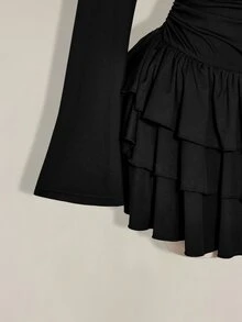 SHEIN ICON Plus Size Vintage Y2K Sexy V-Neck Ruched Waist A-Line Tiered Cake Skirt Fall - Black - View 8