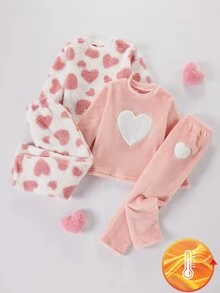 SHEIN Girls' Simple Fashion Pink Series Heart Pattern Long Pants Long Sleeve Casual Comfortable Fleece 4-Piece Loungewear Set - Multicolor - View 2