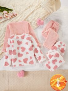 SHEIN Girls' Simple Fashion Pink Series Heart Pattern Long Pants Long Sleeve Casual Comfortable Fleece 4-Piece Loungewear Set - Multicolor - View 3