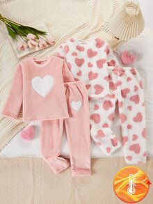 SHEIN Girls' Simple Fashion Pink Series Heart Pattern Long Pants Long Sleeve Casual Comfortable Fleece 4-Piece Loungewear Set - Multicolor - View 4