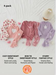 SHEIN Girls' Simple Fashion Pink Series Heart Pattern Long Pants Long Sleeve Casual Comfortable Fleece 4-Piece Loungewear Set - Multicolor - View 9