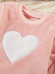 SHEIN Girls' Simple Fashion Pink Series Heart Pattern Long Pants Long Sleeve Casual Comfortable Fleece 4-Piece Loungewear Set - Multicolor - View 6
