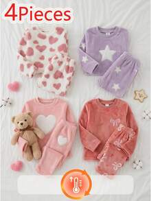 SHEIN Girls' Simple Fashion Pink Series Heart Pattern Long Pants Long Sleeve Casual Comfortable Fleece 4-Piece Loungewear Set - Multicolor - View 1