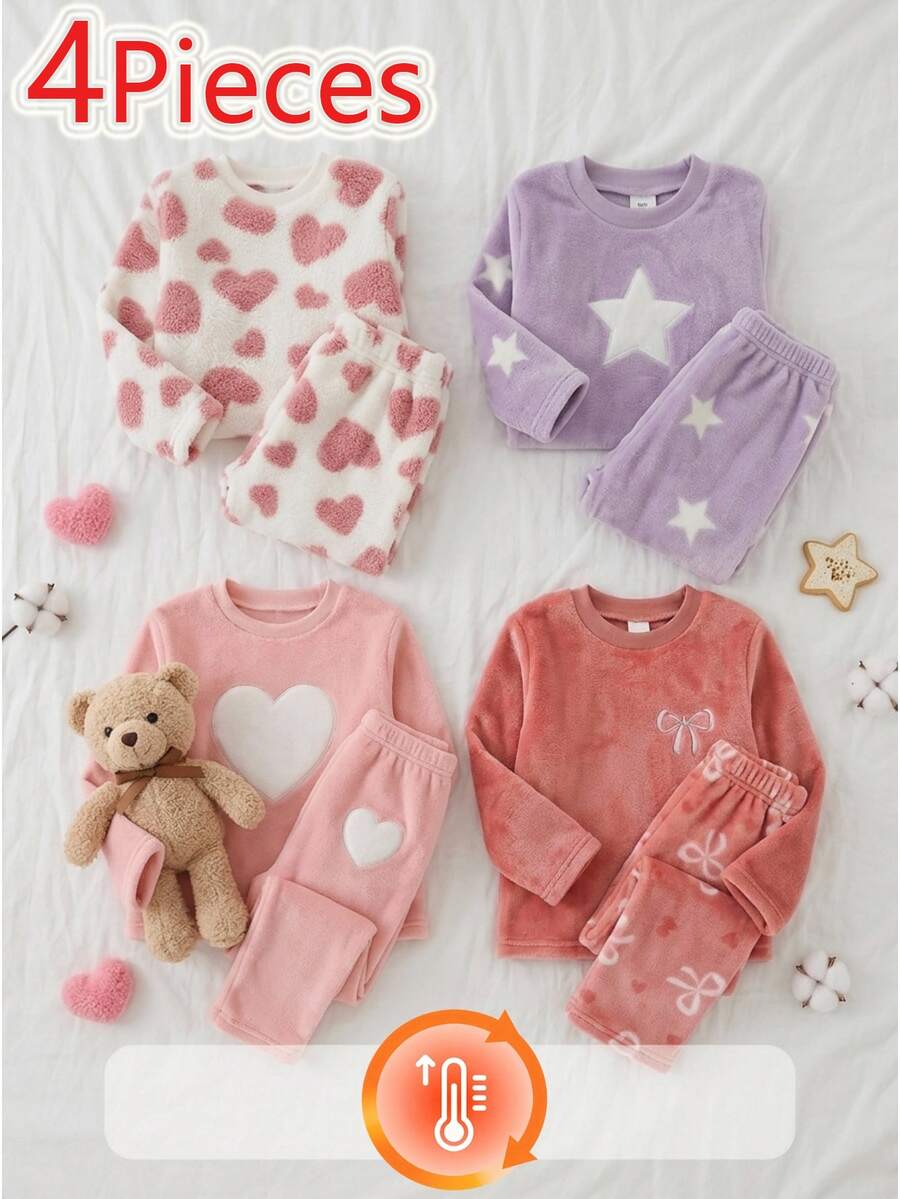 SHEIN Girls' Simple Fashion Pink Series Heart Pattern Long Pants Long Sleeve Casual Comfortable Fleece 4-Piece Loungewear Set - Multicolor - View 1