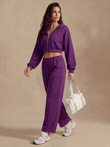 SHEIN Glamour Women's American Style Casual Hooded Sweatshirt, Thin Lightweight Short Jacket For Spring, Autumn And Winter - Purple - View 4