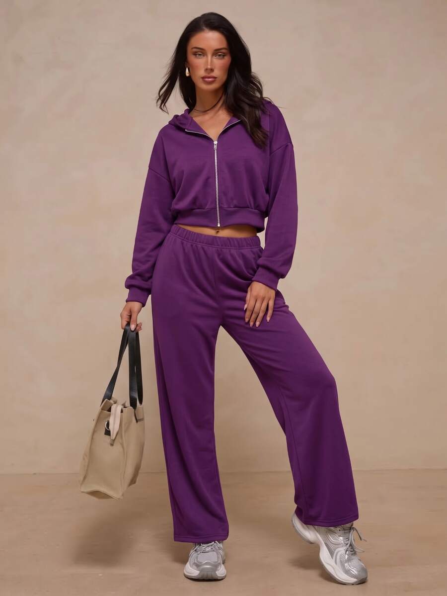 SHEIN Glamour Women's American Style Casual Hooded Sweatshirt, Thin Lightweight Short Jacket For Spring, Autumn And Winter - Purple - View 1