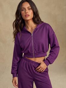 SHEIN Glamour Women's American Style Casual Hooded Sweatshirt, Thin Lightweight Short Jacket For Spring, Autumn And Winter - Purple - View 3