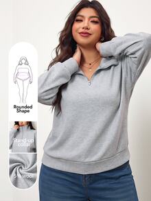 Enliva Plus-Size Women's Loose-Fitting Half-Zip Vent Pullover SweatshirApple,Rounded Body Formal Home Wear Grey Autumn Casual Western Winter - Grey - View 3
