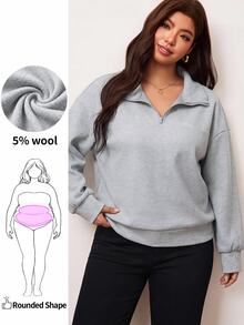 Enliva Plus-Size Women's Loose-Fitting Half-Zip Vent Pullover SweatshirApple,Rounded Body Formal Home Wear Grey Autumn Casual Western Winter - Grey - View 1