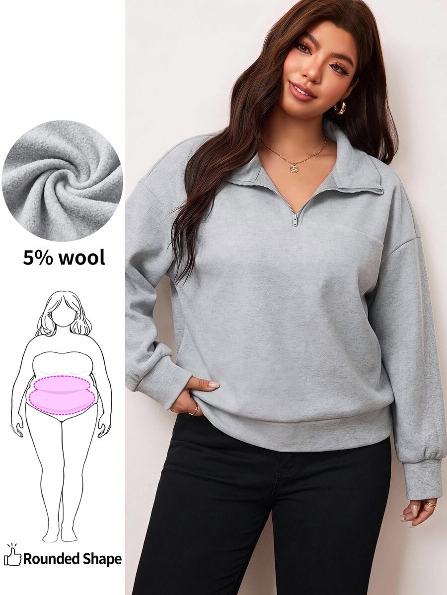 Enliva Plus-Size Women's Loose-Fitting Half-Zip Vent Pullover SweatshirApple,Rounded Body Formal Home Wear Grey Autumn Casual Western Winter - Grey - View 1