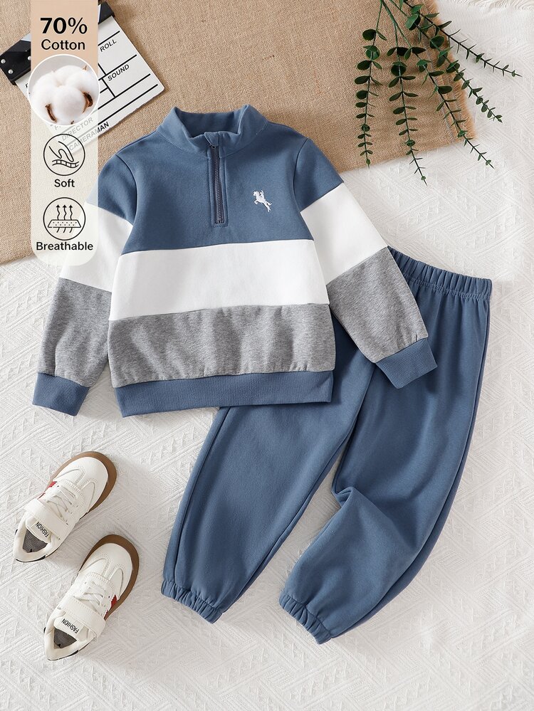 SHEIN Boys' Fashion Casual Colorblock Zip-Up Collar Embroidered Logo Fuzzy Top And Pants 2 Pieces Set, Suitable For Daily Wear, Outings, School, Autumn/Winter - Multicolor - View 1