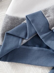 SHEIN 男童時尚休閒拼色拉鍊領刺繡Logo毛絨上衣與長褲2件套，適合日常穿著、外出、上學，秋冬款 - 彩色 - 查看 7