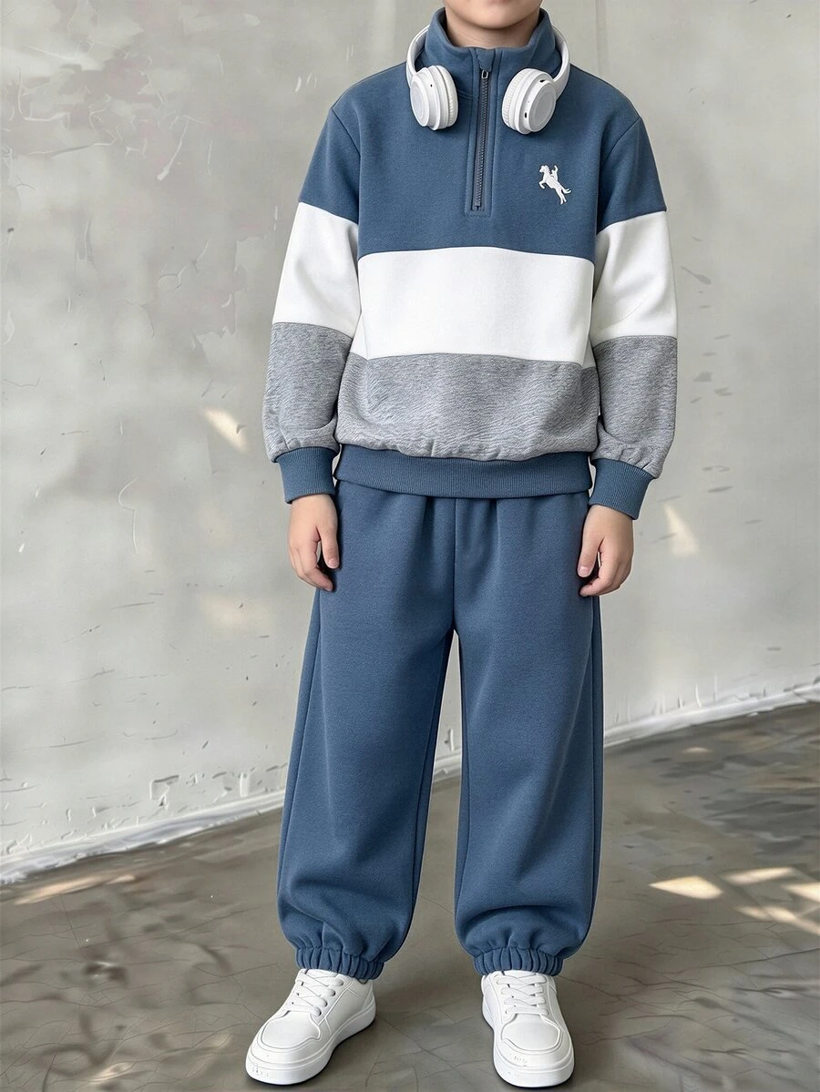 SHEIN 男童時尚休閒拼色拉鍊領刺繡Logo毛絨上衣與長褲2件套,適合日常穿著、外出、上學,秋冬款 - 彩色 - 查看 1