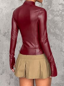 SHEIN EZwear 黑色性感 PU 拉鍊長袖外套，適合秋季日常穿著與夜店外訪 - 紅色 - 查看 2