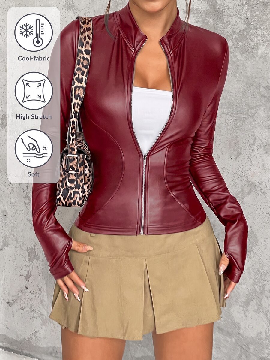 SHEIN EZwear 黑色性感 PU 拉鍊長袖外套,適合秋季日常穿著與夜店外訪 - 紅色 - 查看 1