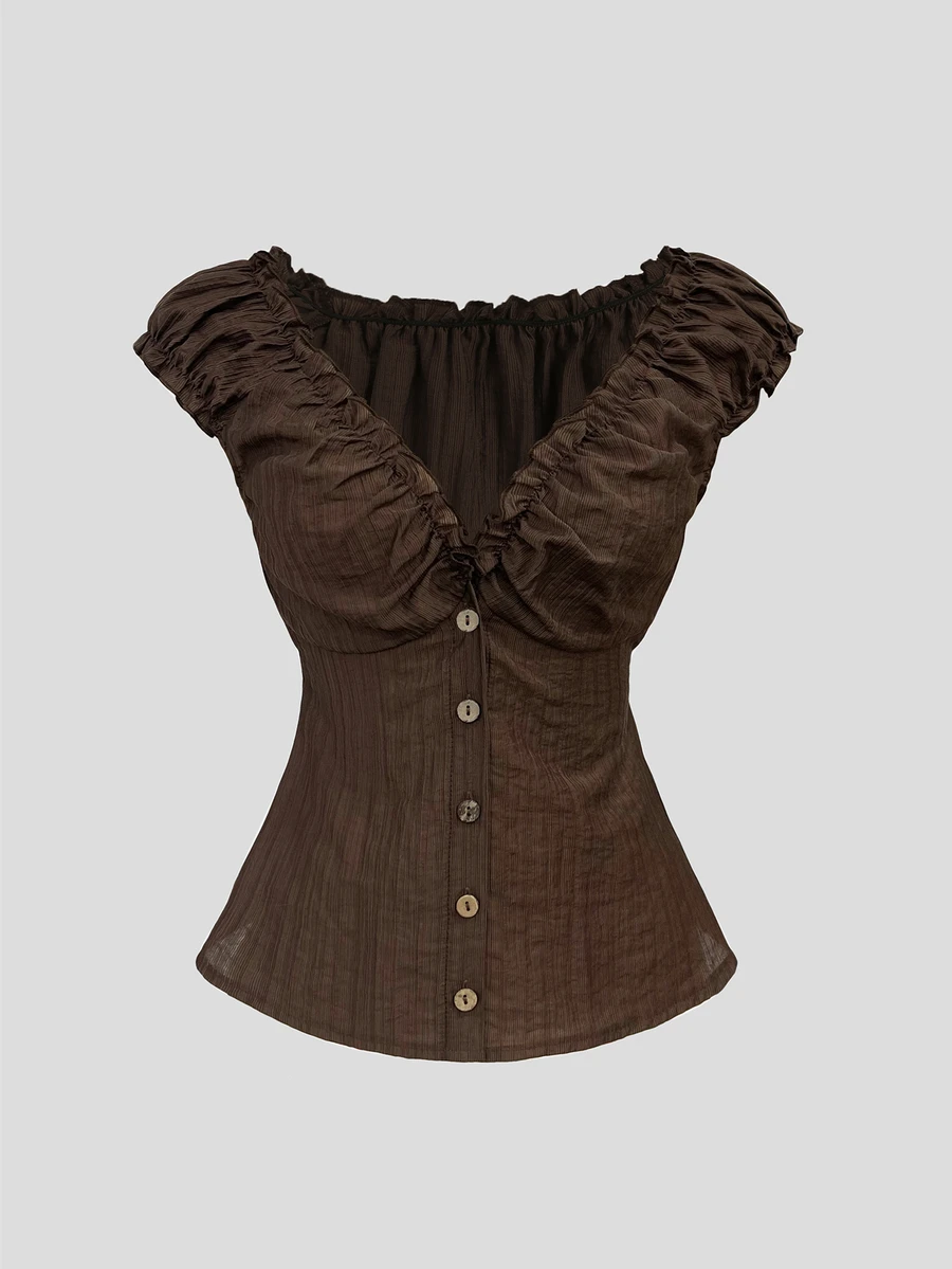 Sweetra French Retro Brown Vertical Stripe Textured Ruffle Splice Wooden Button Petal Sleeve Women Short Sleeve Blouse, Summer Casual Picnic Date Blouse - Brown - View 1