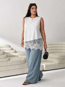 Solflare Plus Size Women's Lace Patchwork Casual Elegant Daily Wear Top Formal Morning Party All White Summer - White - View 4