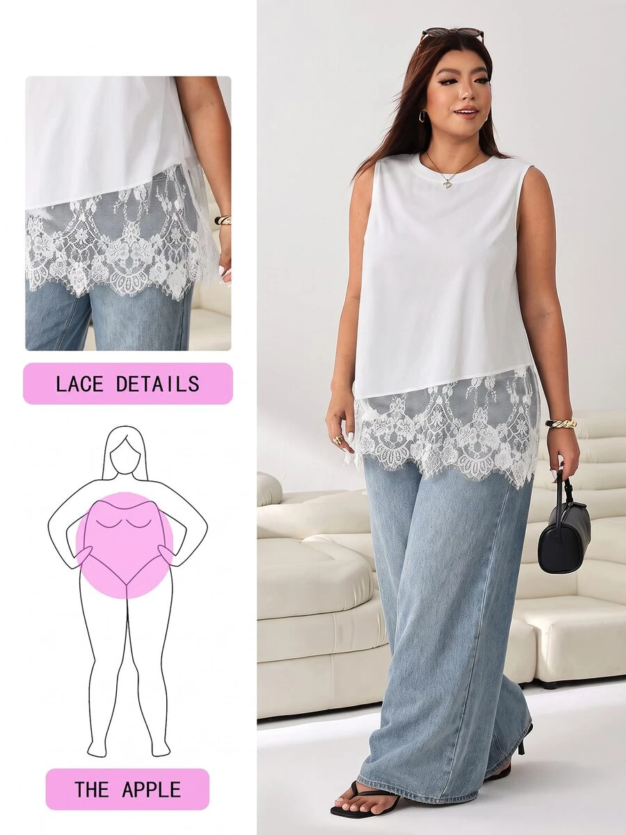 Solflare Plus Size Women's Lace Patchwork Casual Elegant Daily Wear Top Formal Morning Party All White Summer - White - View 1