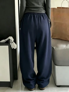 INAWLY Women's Autumn/Winter Versatile Minimalist Thickened Small Horse Embroidery Solid Color Elastic Waist Loose Drawstring Cuffed Sweatpants - Blue - View 2