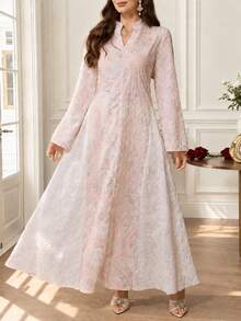 Al Najma 精緻端莊優雅刺繡印花寬鬆女款土耳其長襯衫，阿拉伯傳統洗禮賓客 Ninang 婚禮穿搭，粉色秋季款 - 粉色 - 查看 5