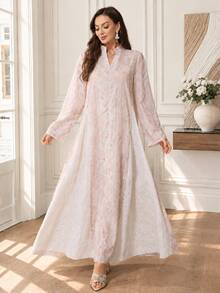 Al Najma 精緻端莊優雅刺繡印花寬鬆女款土耳其長襯衫，阿拉伯傳統洗禮賓客 Ninang 婚禮穿搭，粉色秋季款 - 粉色 - 查看 3