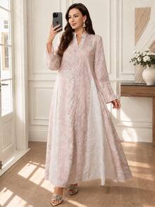 Al Najma 精緻端莊優雅刺繡印花寬鬆女款土耳其長襯衫，阿拉伯傳統洗禮賓客 Ninang 婚禮穿搭，粉色秋季款 - 粉色 - 查看 1