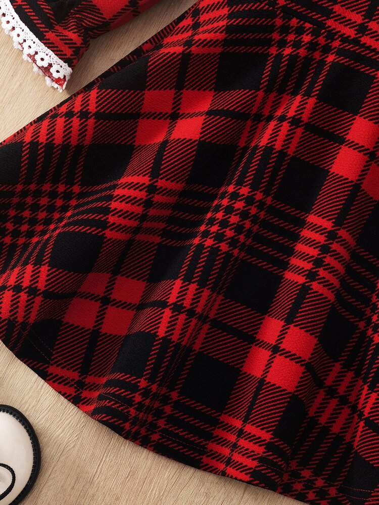 Young Girl) Plaid Long Sleeve Dress, Red And Black Plaid Body, White Wavy Lace Peter Pan Collar, Long Sleeves With Matching Lace Bell Cuffs, High Waist, A-Line Full Skirt. Suitable For Daily School, Back To School, Sister Gatherings, Party Events, Outdoor Photo Shoots And More - Red - View 7