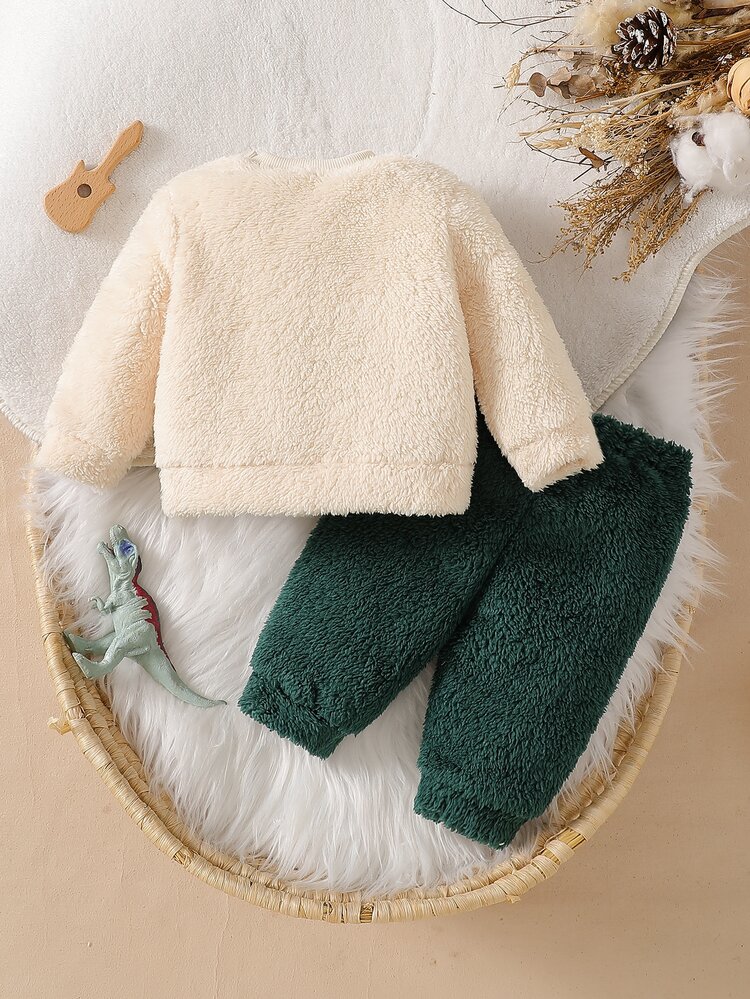 SHEIN Newborn Autumn/Winter New Cute Dinosaur Embroidered Long Sleeve Sweatshirt And Solid Color Fleece Pants 2 Pieces Set, Round Neck Sweatshirt Fashionable And Minimalist, Dinosaur Embroidery On Top Matches Pants Color, Suitable For Outdoor And Daily Activities - Green - View 2