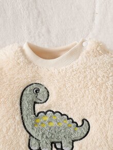 SHEIN 新生兒秋冬新款可愛恐龍刺繡長袖衛衣與純色抓絨褲2件套，圓領衛衣時尚簡約，上衣恐龍刺繡與褲子配色相配，適合戶外與日常活動 - 綠色 - 查看 4