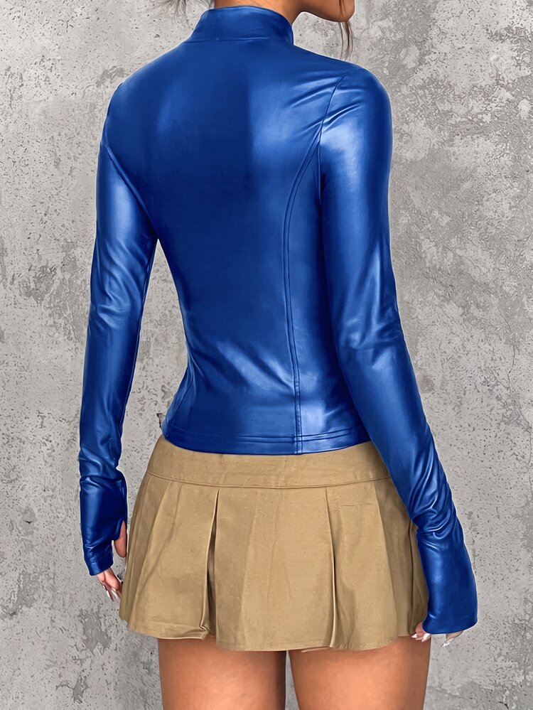 SHEIN EZwear Zip Up Long Sleeve PU Jacket For Dailywear In Fall/ Night Out Club Royal Blue Sexy, Autumn/Winter - Royal Blue - View 2