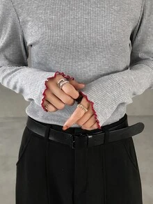 FRIFUL Women's Korean Style Versatile Frill Trim Long Sleeve T-Shirt For Daily Wear - Grey - View 6