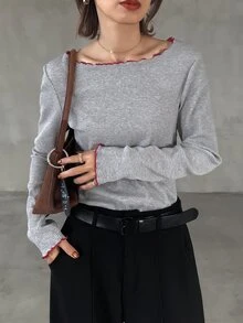 FRIFUL Women's Korean Style Versatile Frill Trim Long Sleeve T-Shirt For Daily Wear - Grey - View 5