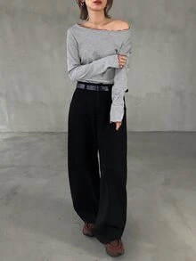 FRIFUL Women's Korean Style Versatile Frill Trim Long Sleeve T-Shirt For Daily Wear - Grey - View 3