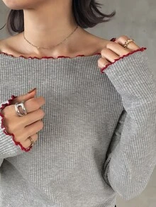 FRIFUL Women's Korean Style Versatile Frill Trim Long Sleeve T-Shirt For Daily Wear - Grey - View 7
