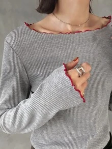 FRIFUL Women's Korean Style Versatile Frill Trim Long Sleeve T-Shirt For Daily Wear - Grey - View 2