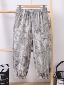 SHEIN 小男孩植物圖案休閒束口工裝口袋長褲 - 彩色 - 查看 2