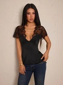 SHEIN PETITE Elegant Slim-Fit Sheer Lace-Panel Deep V-Neck Shirt For Petite Women - Black - View 8