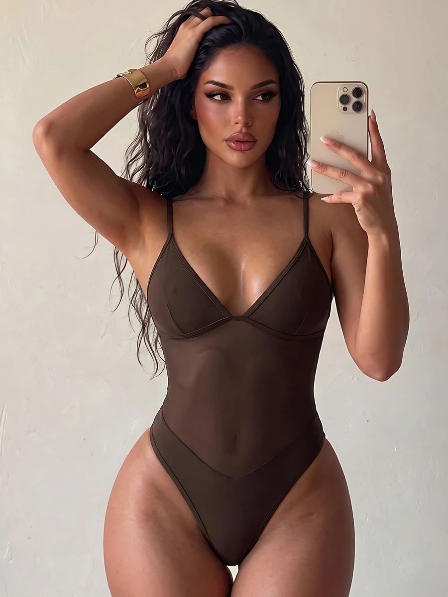 SHEIN Swim 1pc Women's Sexy Mesh Patchwork Adjustable Strap One-Piece Swimsuit, Slim Fit, Spring/Summer - Coffee Brown - View 1