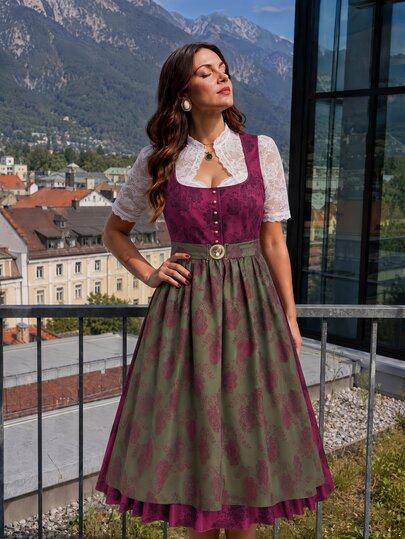 Fairmaia German Traditional Plus Size Women's Floral Print Square Neck Sleeveless Dress