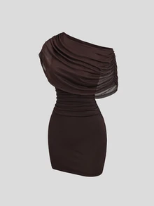 Sweetra Summer Fashion Design New Dark Brown Cowl Neck Asymmetrical Shoulder Or Off Shoulder Mesh Ruched Slimming 2 In 1 Women's Dress Party Night Out Sexy - Brown - View 4