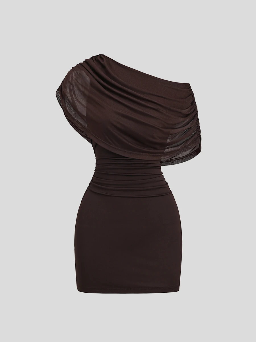 Sweetra Summer Fashion Design New Dark Brown Cowl Neck Asymmetrical Shoulder Or Off Shoulder Mesh Ruched Slimming 2 In 1 Women's Dress Party Night Out Sexy - Brown - View 1